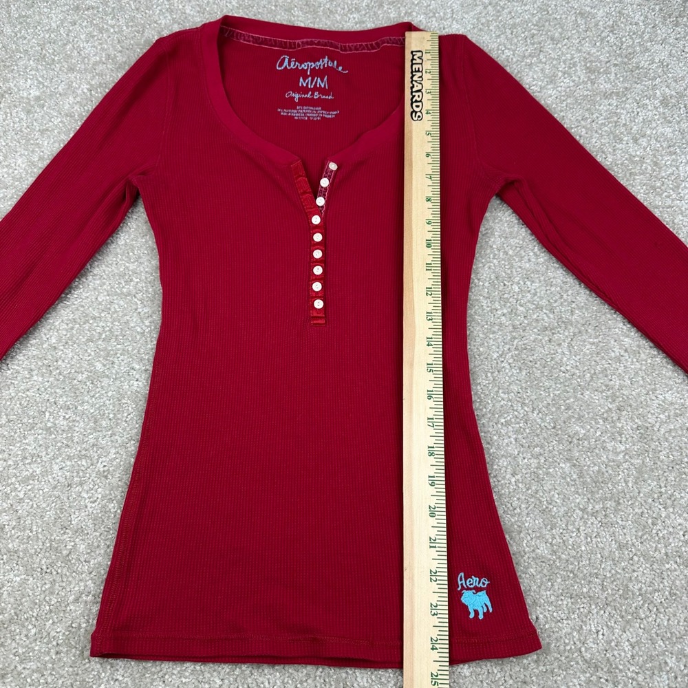 Aeropostale Henley Top Medium Red Waffle Knit Thermal Long Sleeve Y2K Indie Slim - Picture 7 of 8